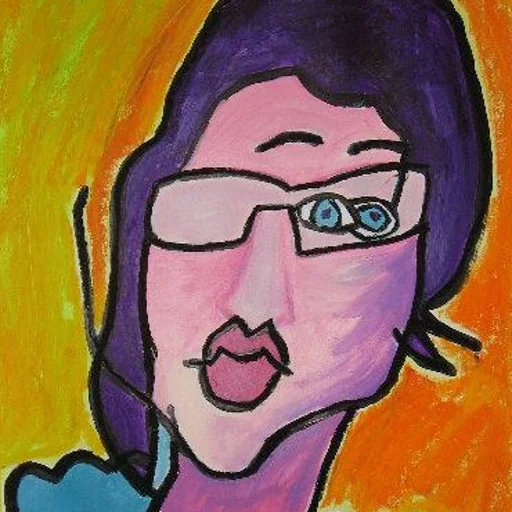 Bright, mixed media self-portrait that is used as the site logo.