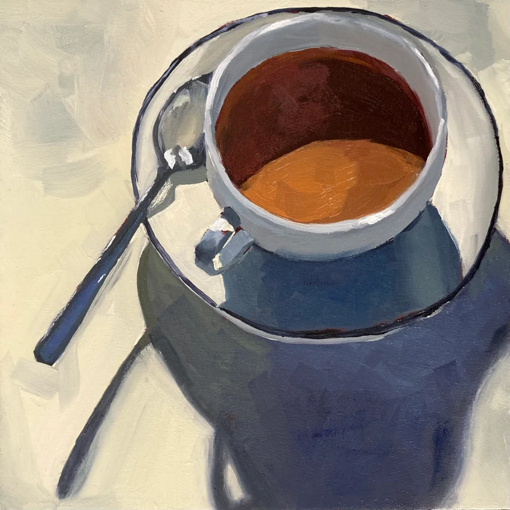 Oil painting of a coffee cup, saucer, and spoon casting a strong shadow on the table.