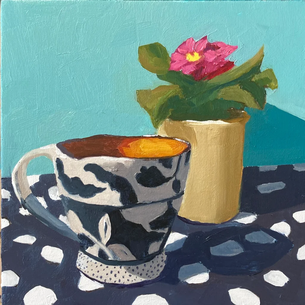 Oil painting of a mug and an African violet plant with a polka-dot foreground and a teal background.