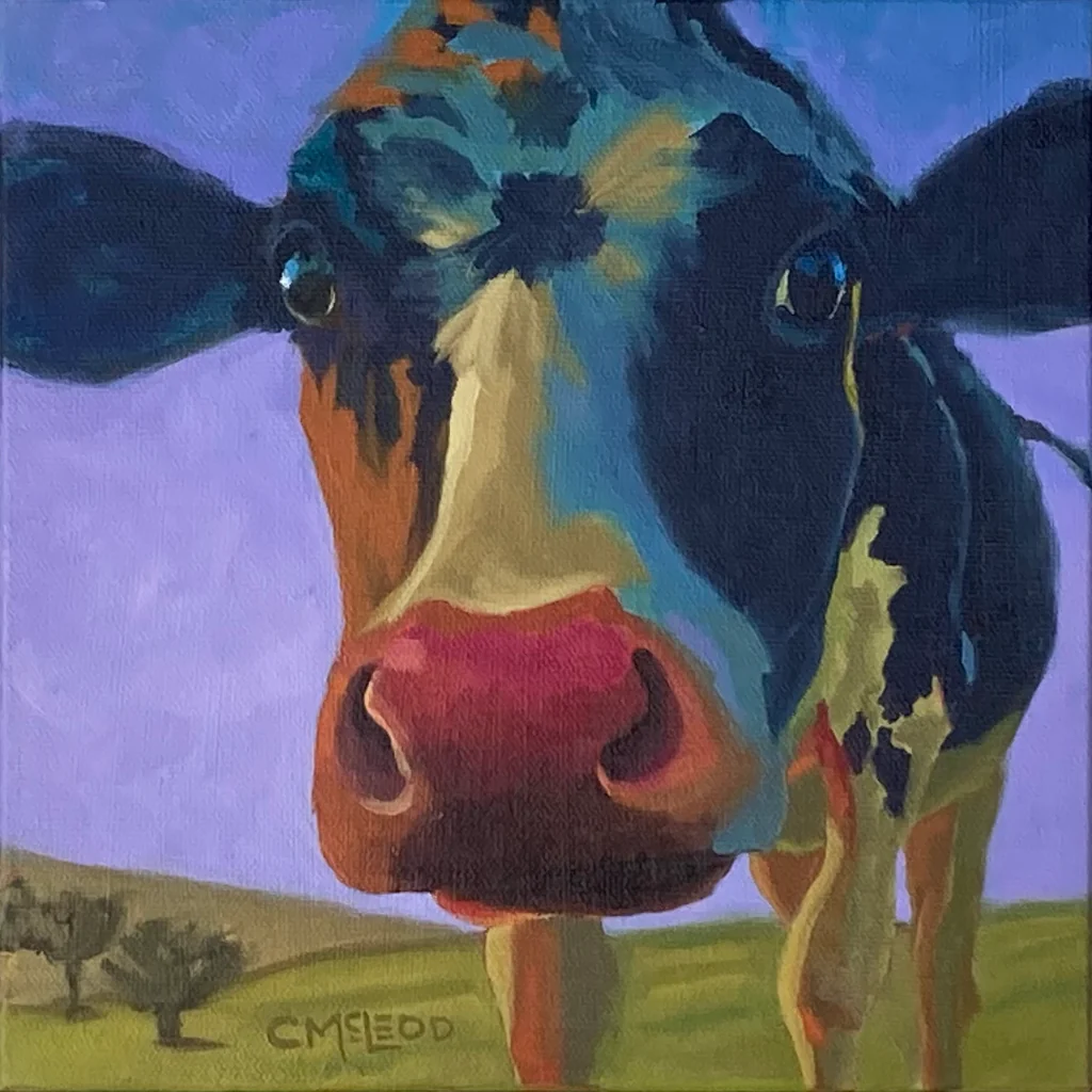 Oil painting of a cow looking directly at the viewer.