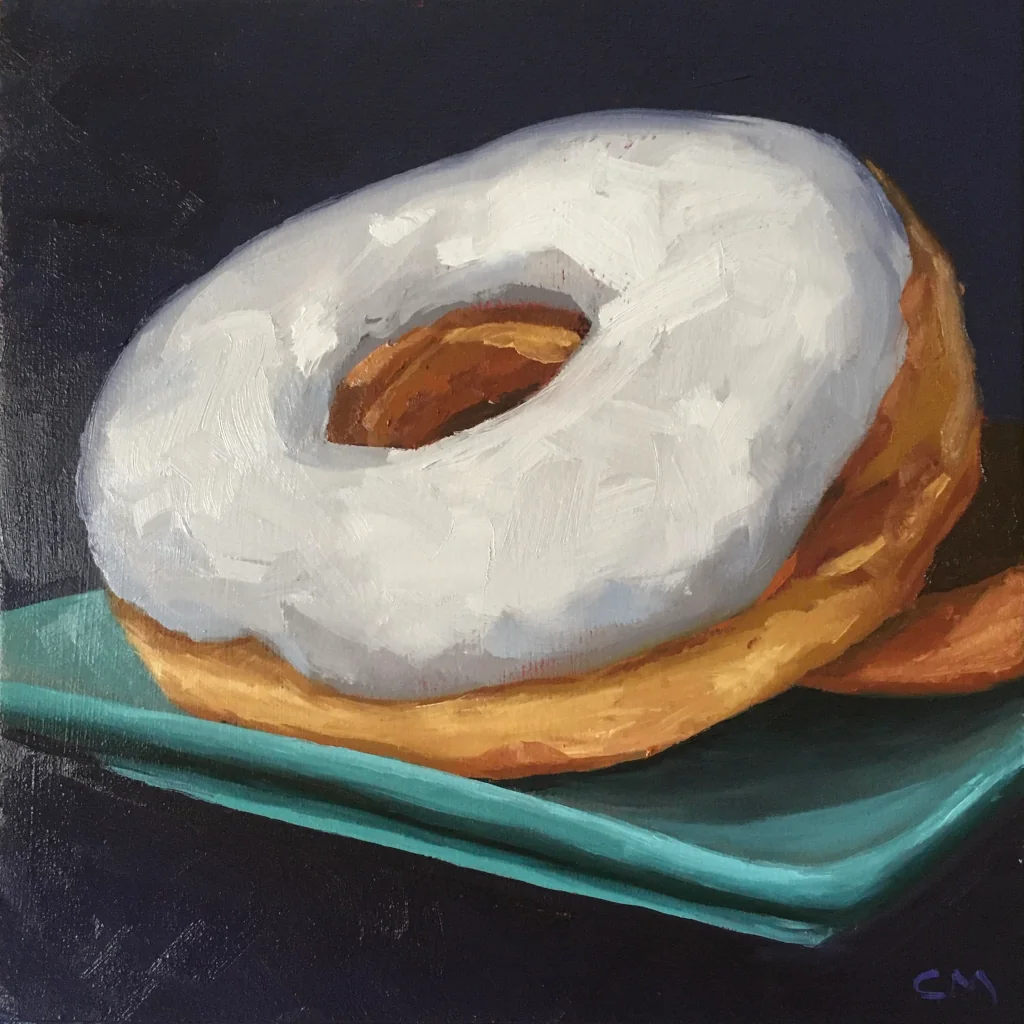 Oil painting of a donut with white glaze resting on a teal plate.