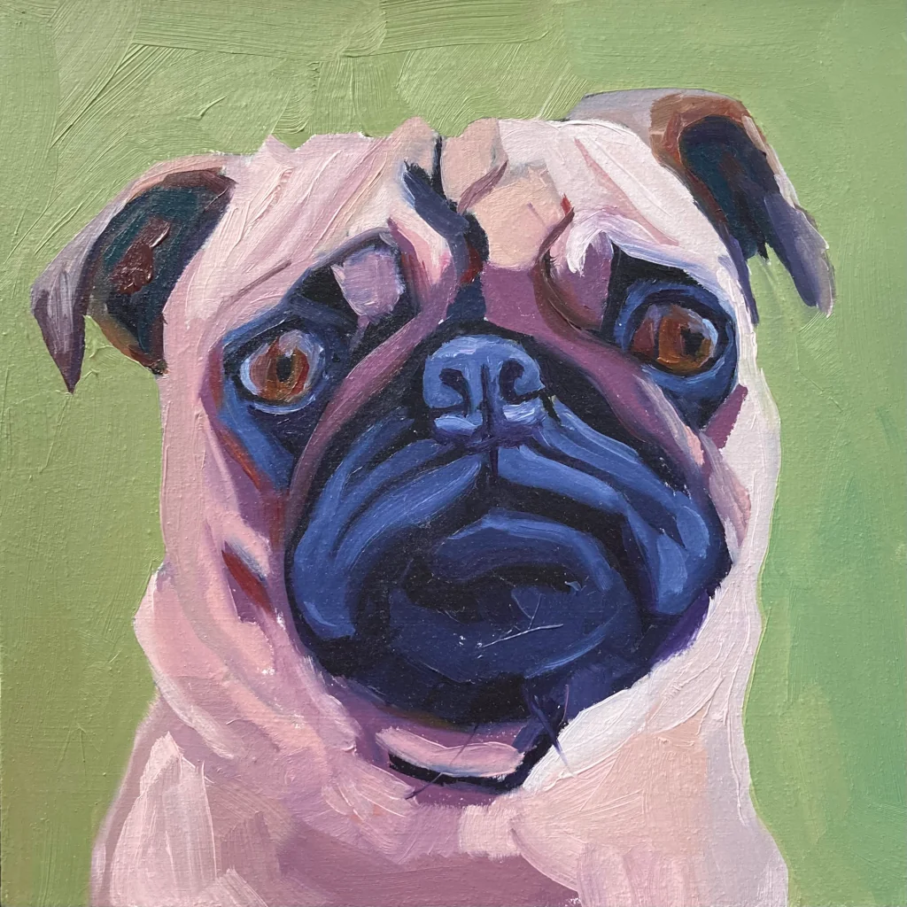 Oil painting of a light pug dog on a green background.