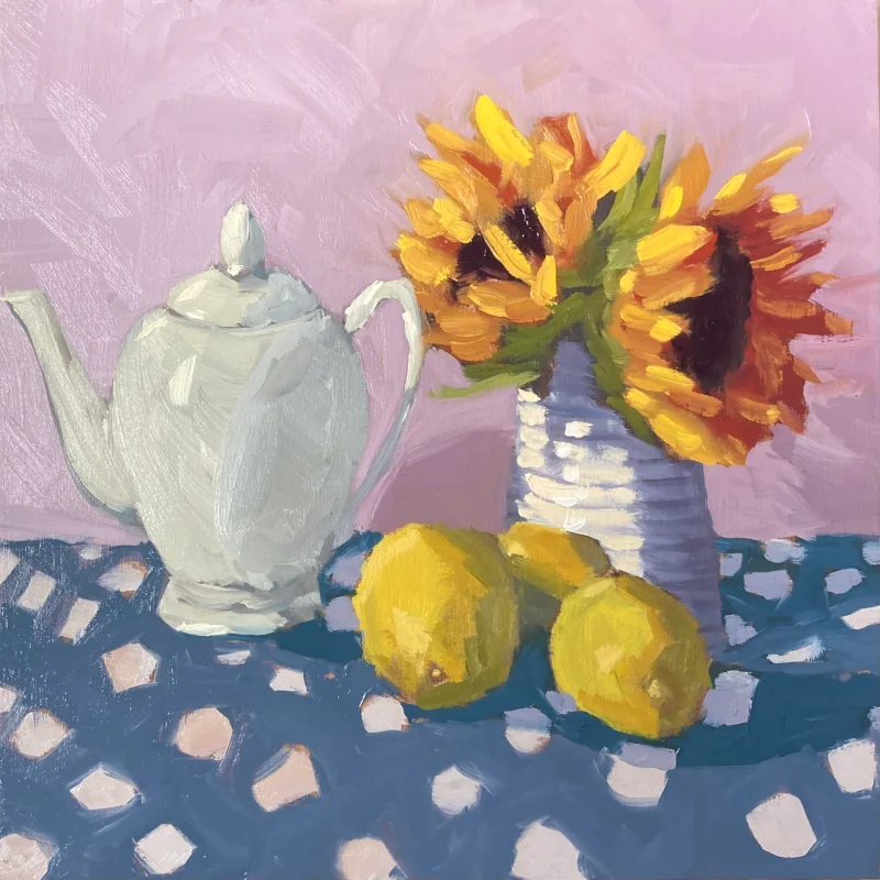 Oil painting of a teapot, lemons, and a vase of sunflowers.